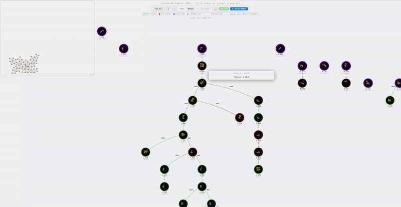 Hovering over a lineage node instantly plays that robot's locomotion